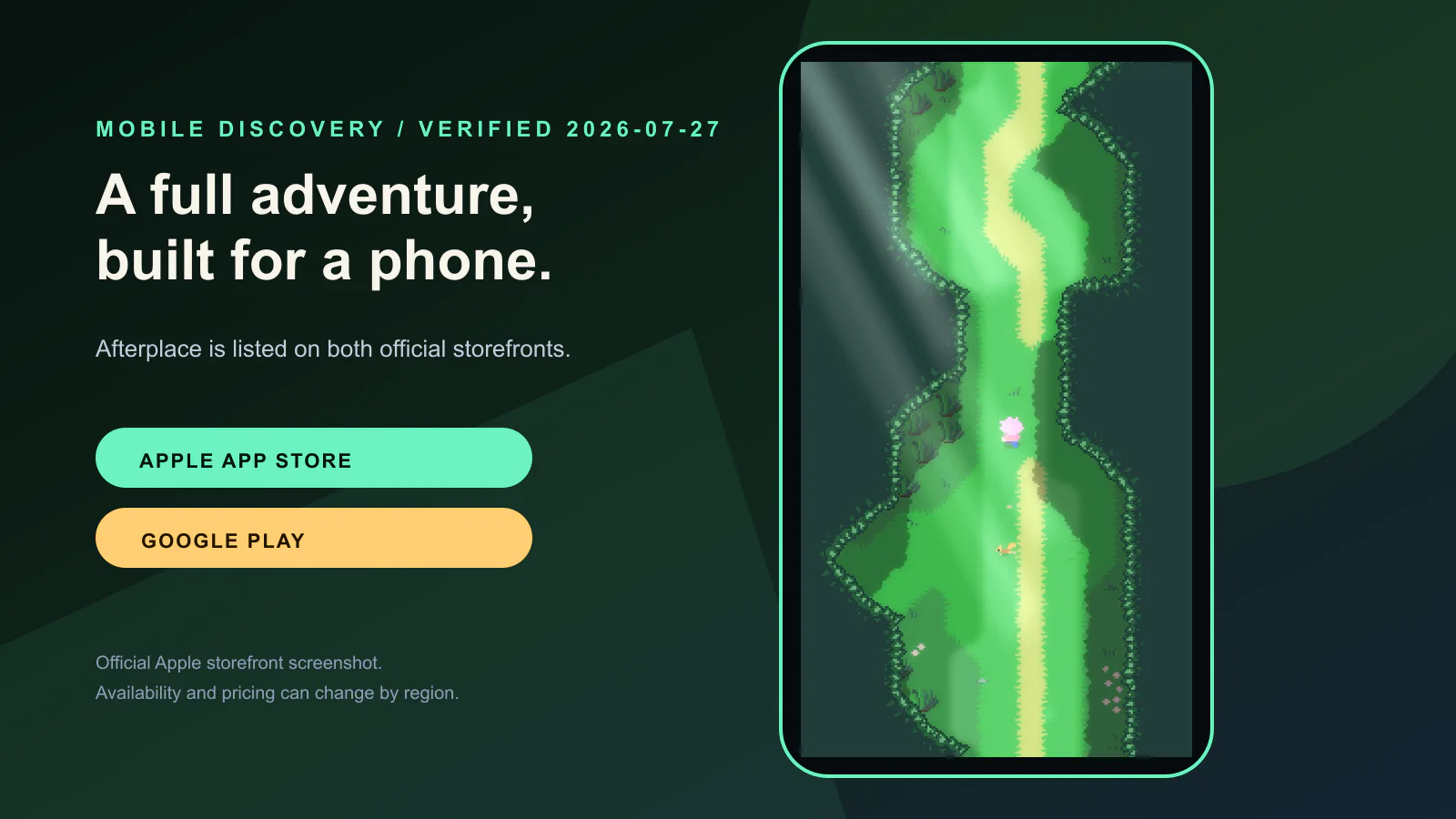 Official Afterplace mobile screenshot framed beside verified Apple App Store and Google Play availability