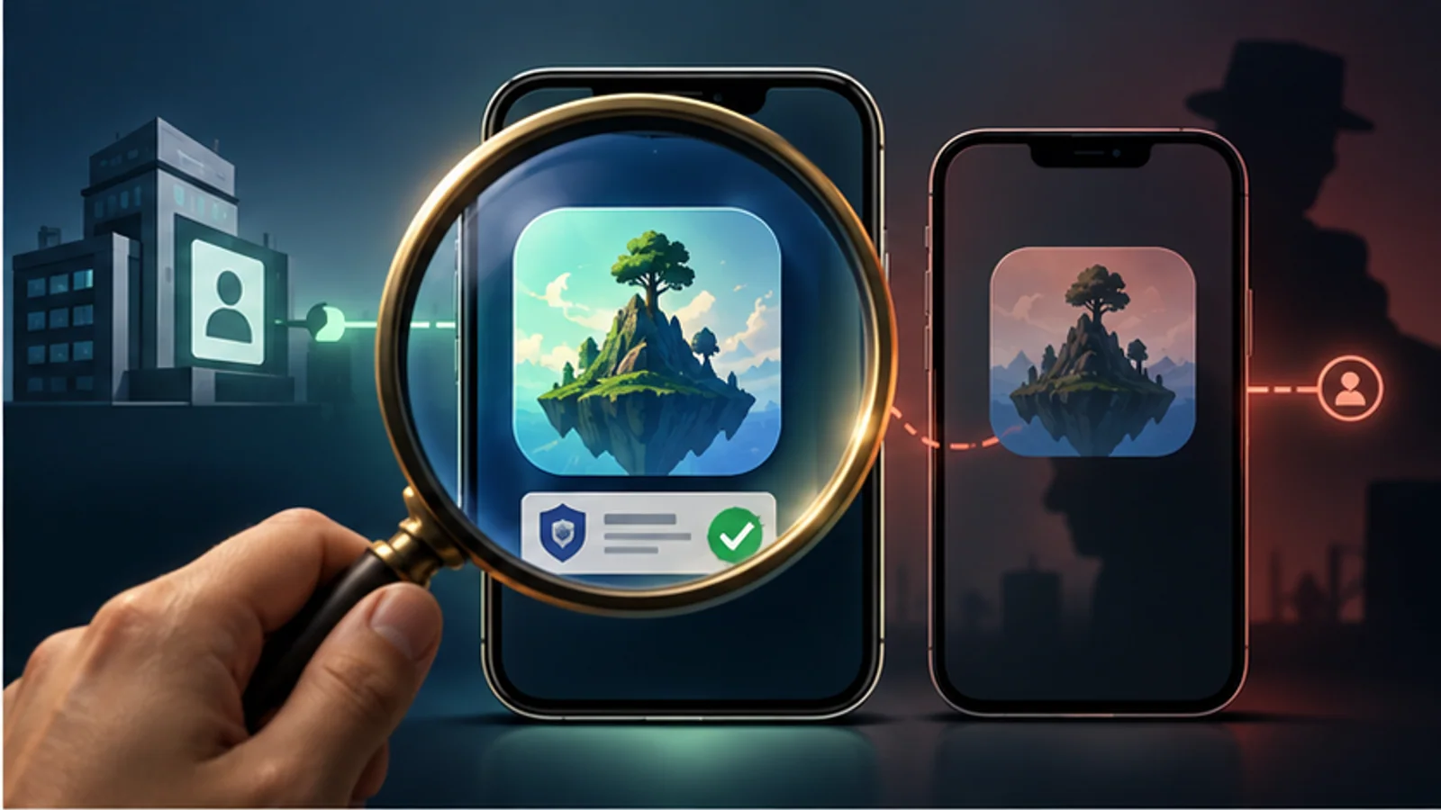 A magnifying glass compares two similar mobile game listings against a verified developer identity