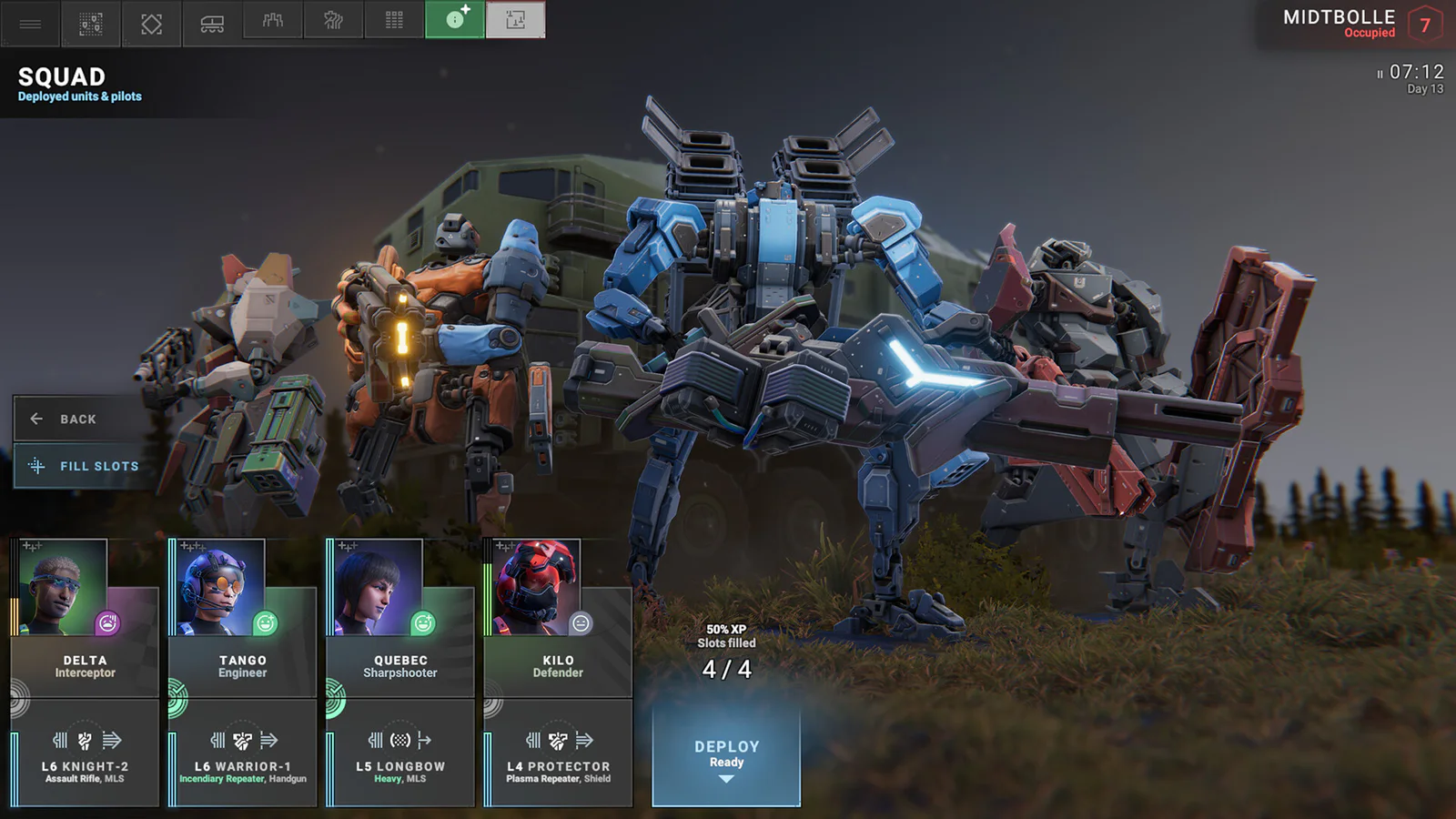 Official Phantom Brigade screenshot showing a four-mech squad and pilot roster