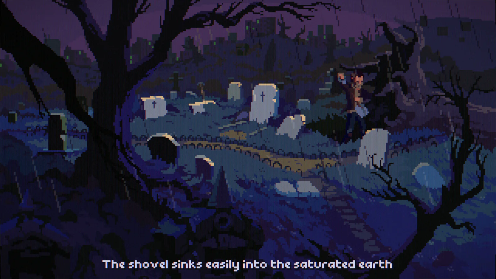 Official The Drifter screenshot showing a pixel-art cemetery at night